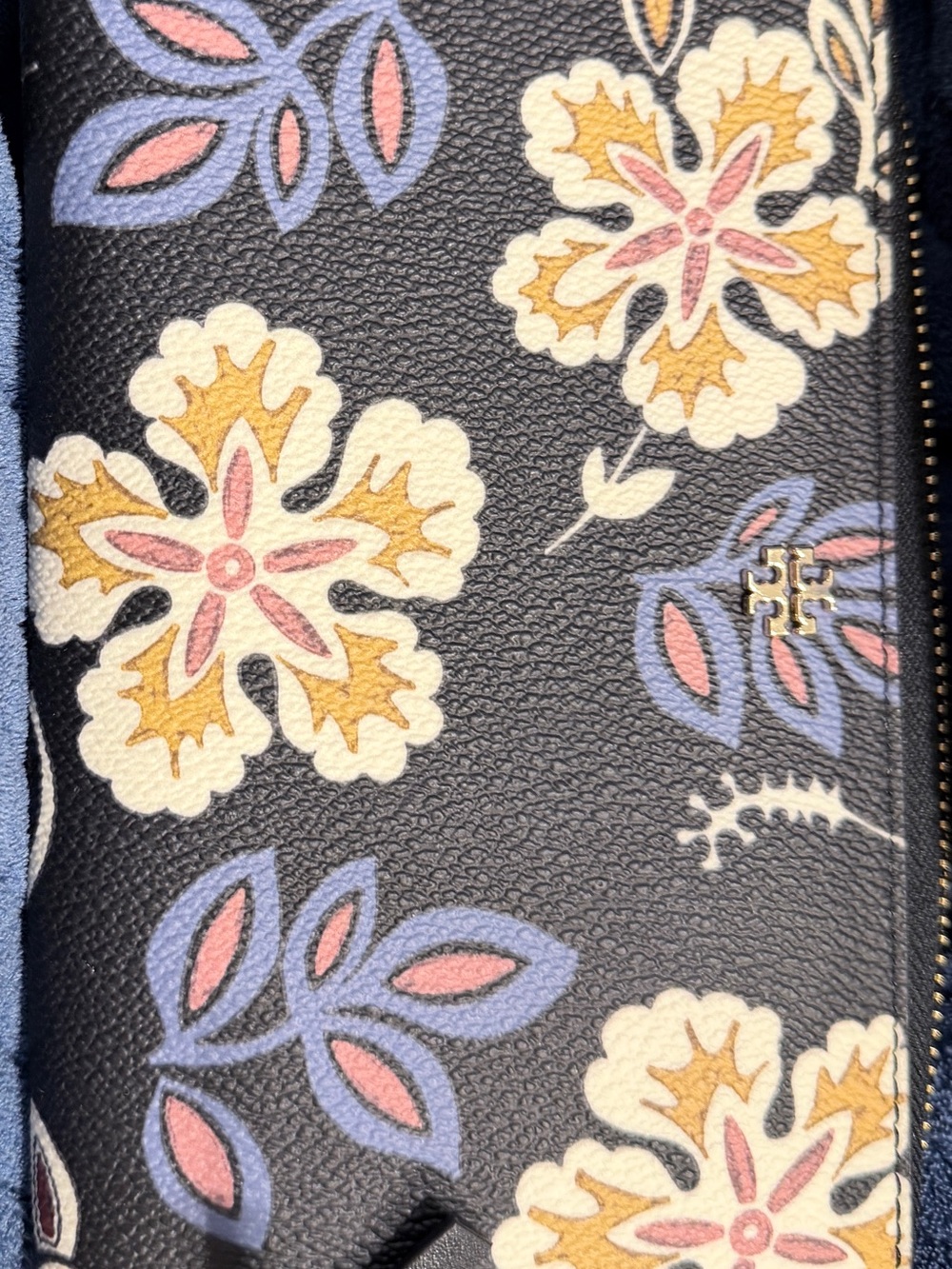 Tory Burch Black Floral Zip Wristlet with Pastel Accents